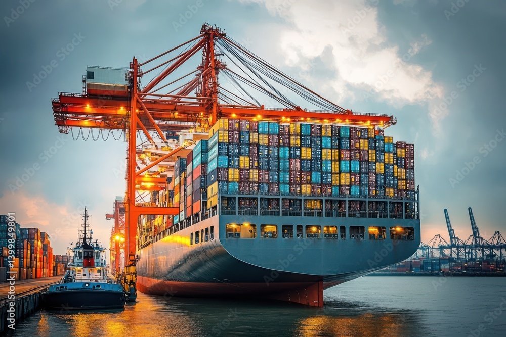 Fototapeta premium Container Ship Docked at Port with Crane at Sunset in Industrial Scene