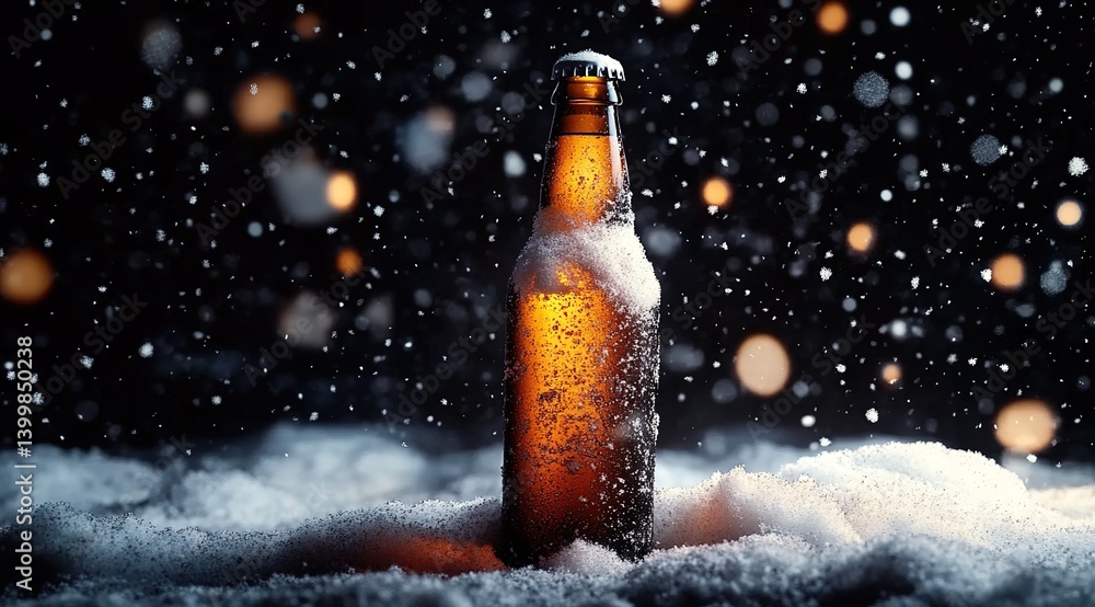 A frosted brown beer bottle emitting warm internal glow atop thick snowdrifts in a snowy night, falling snowflakes illuminated by ambient light A frosted brown beer bottle emitting warm internal glow atop thick snowdrifts in a snowy night, falling snowflakes illuminated by ambient light