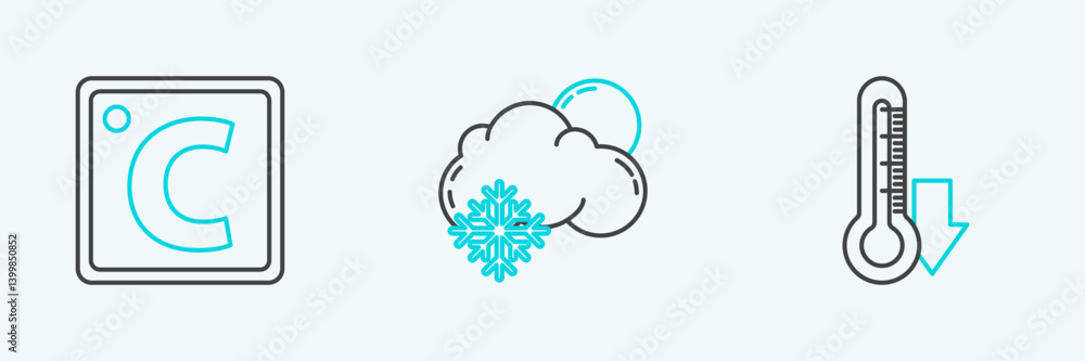 Set line Thermometer, Celsius and Cloud with snow and sun icon. Vector Set line Thermometer, Celsius and Cloud with snow and sun icon. Vector