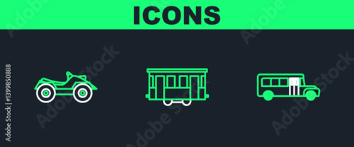 Set line School Bus, All Terrain Vehicle or ATV motorcycle and Old city tram icon. Vector