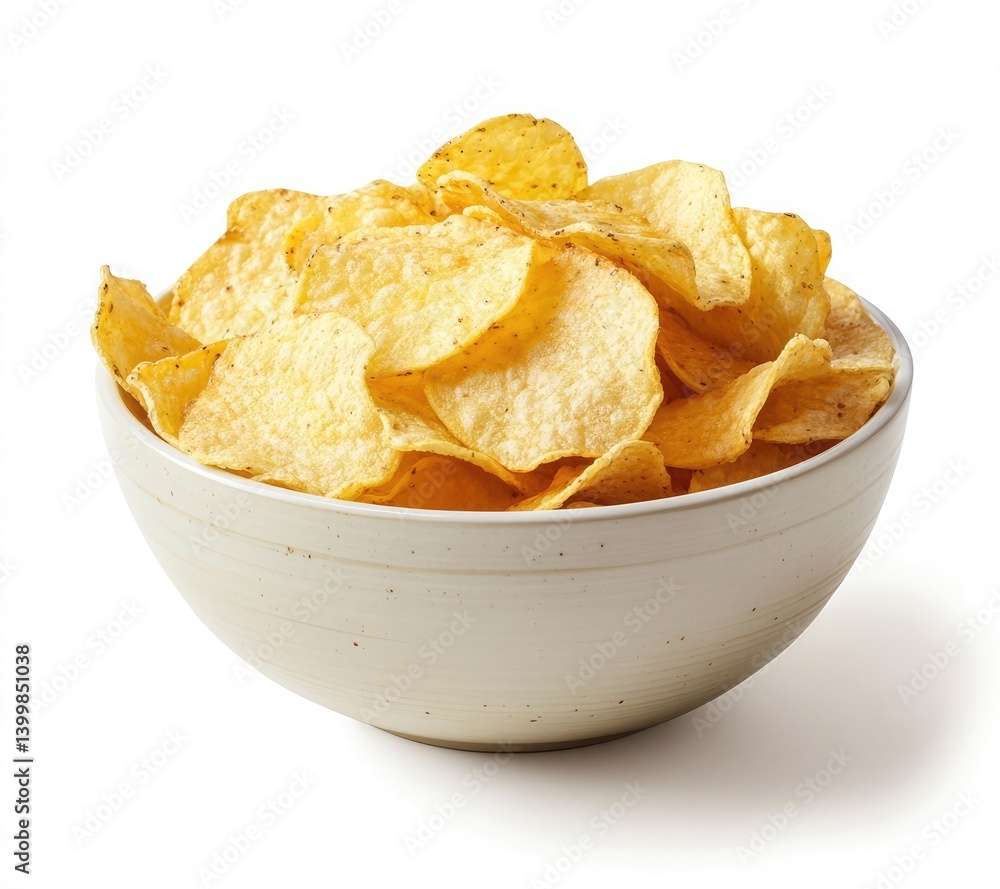 A bowl of potato chips isolated on a white background with a clipping path A bowl of potato chips isolated on a white background with a clipping path