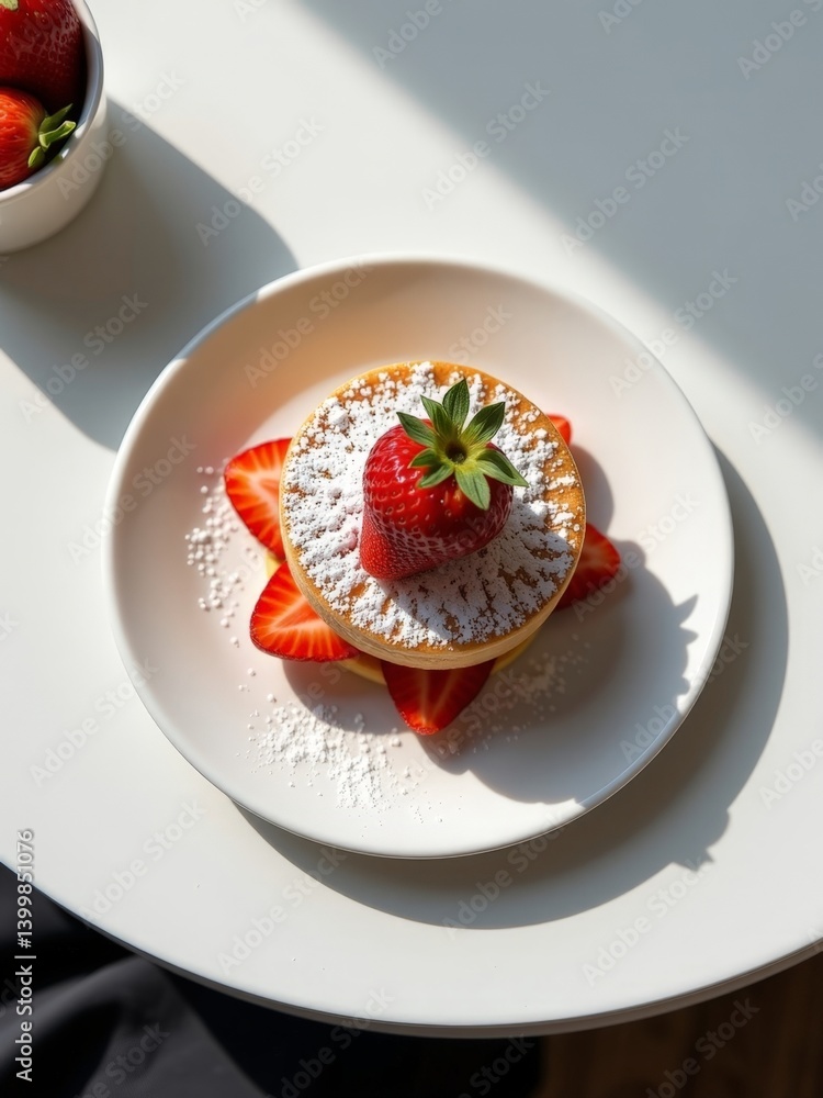 Fresh Strawberry Dessert on White Plate with Powdered Sugar Garnish and Bright Light Fresh Strawberry Dessert on White Plate with Powdered Sugar Garnish and Bright Light