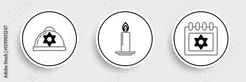 Set line Jewish calendar with star of david, kippah and Burning candle in candlestick icon. Vector