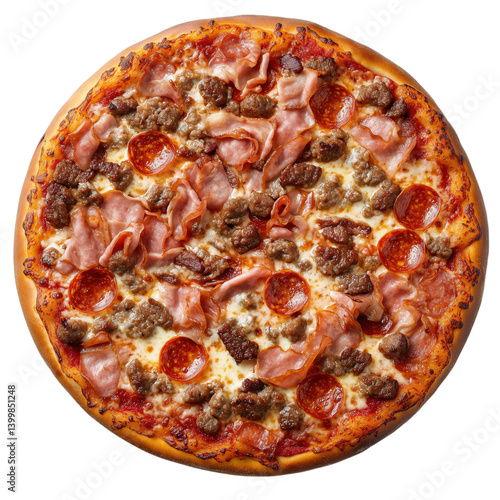 Savory meat lover’s pizza topped with pepperoni, ham, and sausage on melted cheese and golden crust, isolated on transparent background.