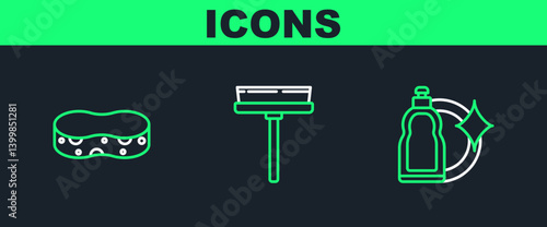 Set line Plastic bottles for liquid dishwashing liquid, Sponge and Squeegee, scraper, wiper icon. Vector