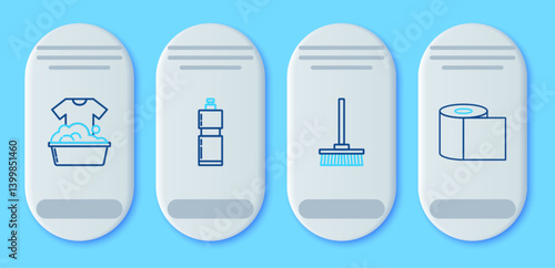 Set line Plastic bottles for liquid dishwashing liquid, Mop, basin with soap suds and Toilet paper roll icon. Vector