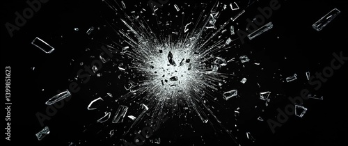 Close-up of shattered glass with radial cracks and dynamic shards exploding from an irregular central void, high-contrast monochrome texture against black backdrop.