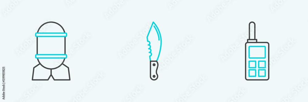 Set line Walkie talkie, Aviation bomb and Military knife icon. Vector Set line Walkie talkie, Aviation bomb and Military knife icon. Vector