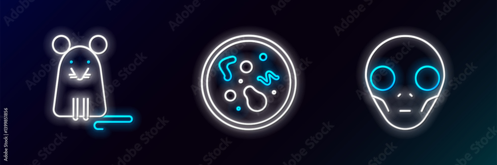Set line Extraterrestrial alien face, Rat and Bacteria icon. Glowing neon. Vector Set line Extraterrestrial alien face, Rat and Bacteria icon. Glowing neon. Vector