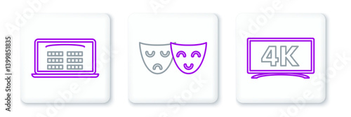 Set line , Buy cinema ticket online and Comedy and tragedy theatrical masks icon. Vector