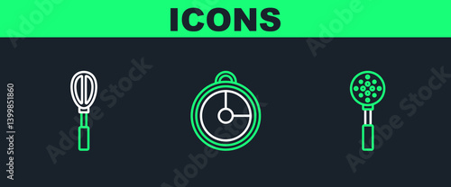 Set line Spatula, Kitchen whisk and timer icon. Vector