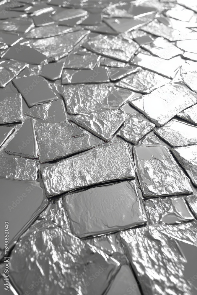 Fototapeta premium Abstract silver foil texture creating a mosaic pattern with glossy reflections and metallic surface in a modern style close up shot