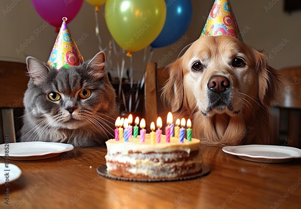 Golden retriever and tabby cat wearing colorful party hats seated before a birthday cake with lit candles, vibrant balloons in background, bright studio lighting capturing playful expressions. Golden retriever and tabby cat wearing colorful party hats seated before a birthday cake with lit candles, vibrant balloons in background, bright studio lighting capturing playful expressions.