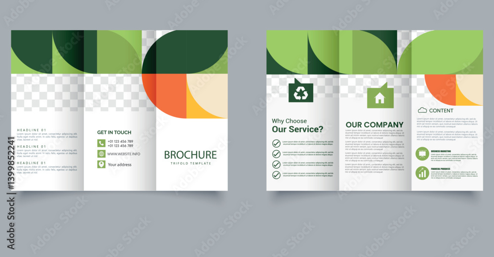 Fototapeta premium Modern Green Trifold Brochure Template for Business or Eco Company. Marketing Layout. Editable image.