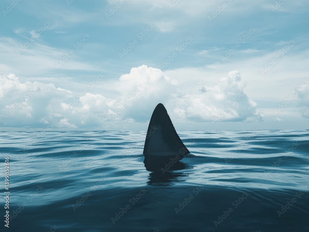 Fototapeta premium Shark fin rising above the tranquil ocean surface against a backdrop of fluffy clouds and a serene sky aquatic scene