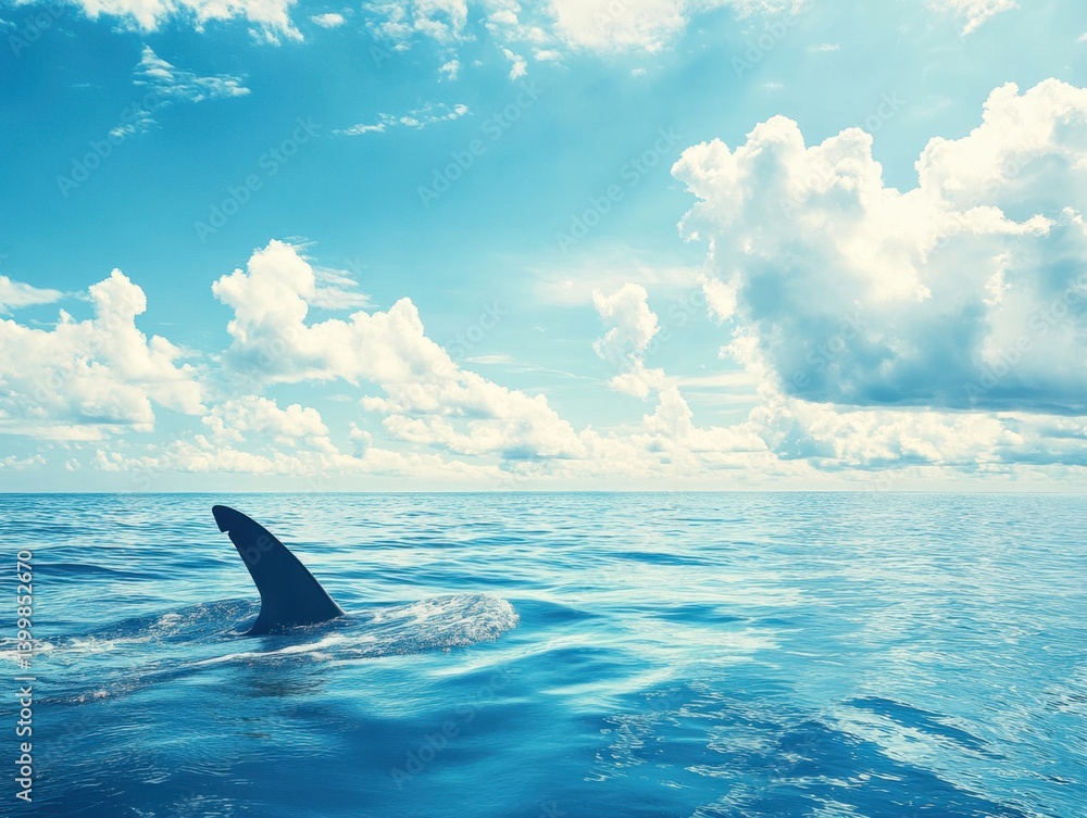 Fototapeta premium Shark fin emerging from tranquil blue ocean under a bright sky with fluffy white clouds serene seascape adventure