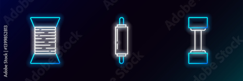 Set line Dumbbell, Sewing thread on spool and Rolling pin icon. Glowing neon. Vector