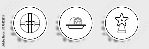 Set line Christmas star, Gift box and Marzipan sponge cake icon. Vector