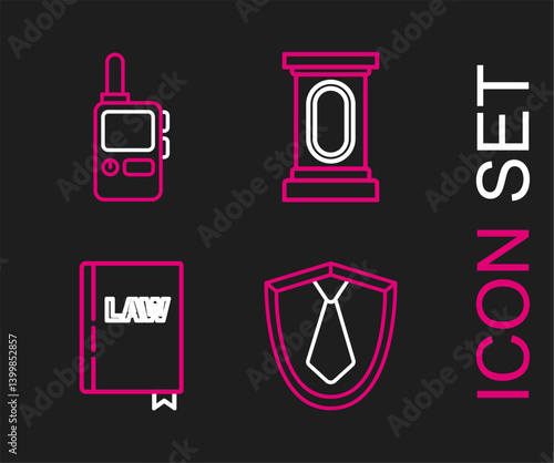 Set line Tie, Law book, Stage stand or debate podium rostrum and Walkie talkie icon. Vector
