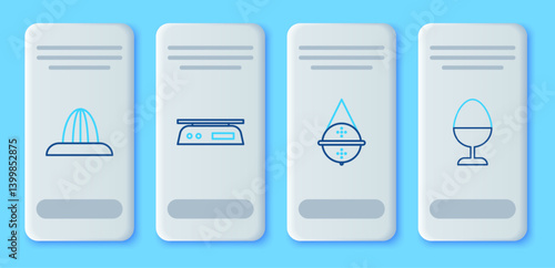 Set line Electronic scales, Ball tea strainer, Citrus fruit juicer and Chicken egg stand icon. Vector
