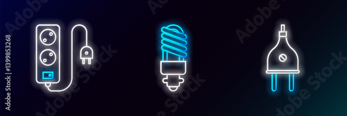 Set line Electric plug, extension cord and LED light bulb icon. Glowing neon. Vector