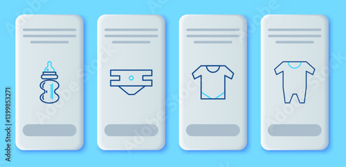 Set line Baby absorbent diaper, onesie, bottle and clothes icon. Vector