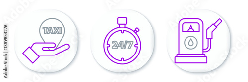 Set line Petrol or Gas station, Hand map pointer with taxi and Stopwatch 24 hours icon. Vector