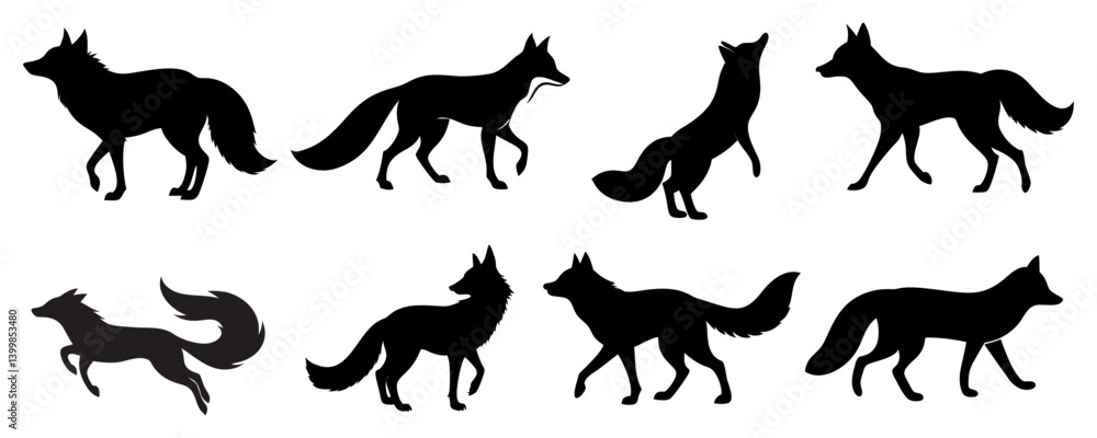 Naklejka premium Fox Silhouette Set Various Stances Walking Running Howling Animals Shapes Design
