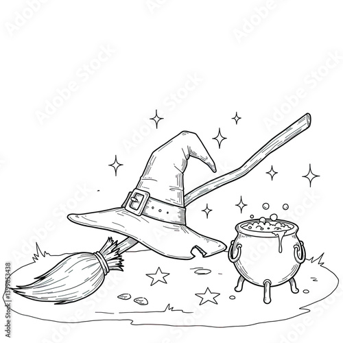 Halloween Coloring Page Witch's Hat Broomstick Stars and Small Cauldron on Ground