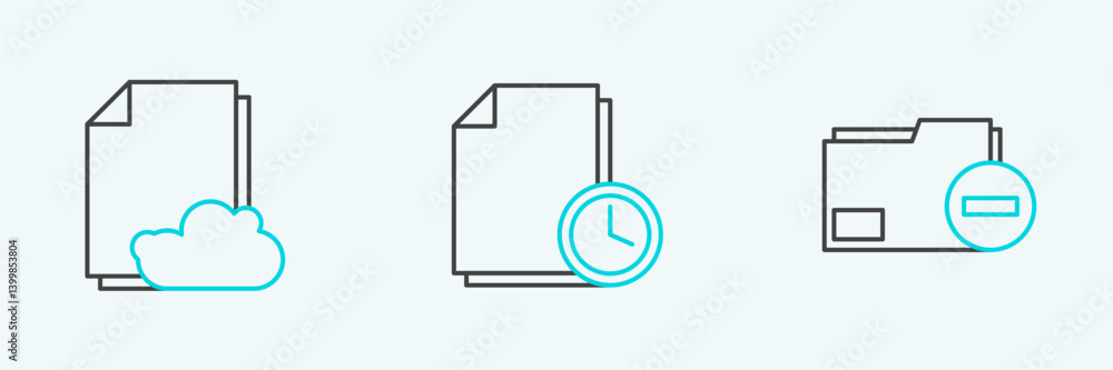 Set line Document folder with minus, Cloud storage text document and clock icon. Vector Set line Document folder with minus, Cloud storage text document and clock icon. Vector