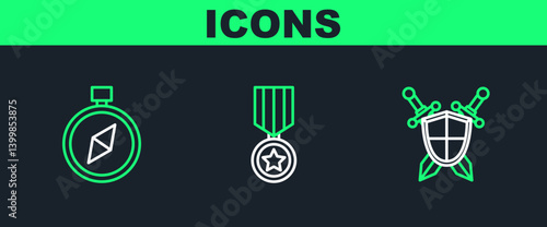 Set line Medieval shield with crossed swords, Compass and Military reward medal icon. Vector