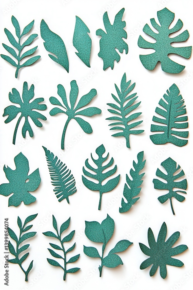 Artistic display of teal glittery paper cutouts of various tropical leaves on a clean white background showcasing botanical diversity and creative design Artistic display of teal glittery paper cutouts of various tropical leaves on a clean white background showcasing botanical diversity and creative design