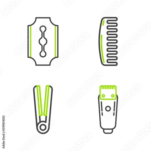 Set line Electrical hair clipper or shaver, Curling iron for, Hairbrush and Blade razor icon. Vector