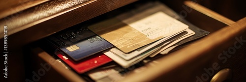 Hidden Finances Credit Cards in a Wooden Drawer