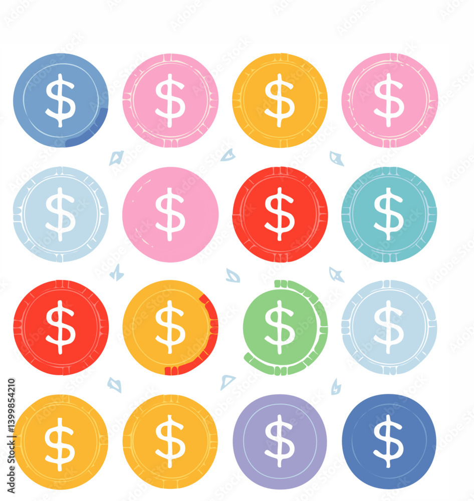 Colorful Dollar Coin Icons Set – Flat Style Money Symbols in Multiple Shades and Circular Design
Colorful Dollar Coin Icons Set – Flat Style Money Symbols in Multiple Shades and Circular Design