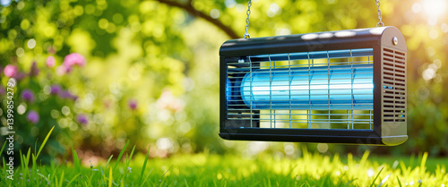 Modern bug zapper glowing in lush garden, pest control solution