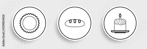 Set line Easter cake and candle, Sun and Bread loaf icon. Vector