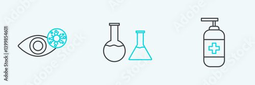Set line Bottle of liquid antibacterial soap, Reddish eye due to virus and Test tube and flask icon. Vector