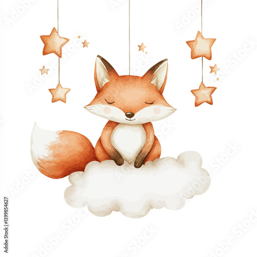 Dreamy Fox Amidst Celestial Charms: An adorable fox perched serenely atop a fluffy cloud, embraced by celestial stars, in a heartwarming illustration. 