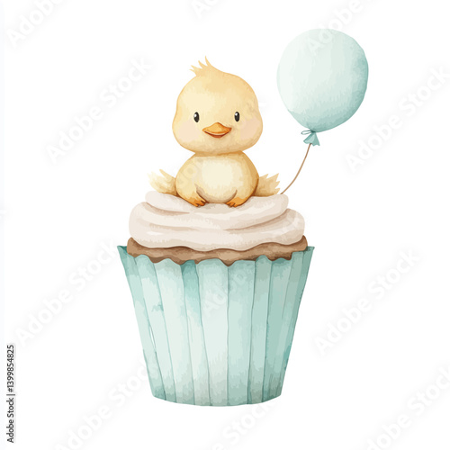 Delightful Chick on a Sweet Treat: An adorable, fluffy chick perched atop a beautifully decorated cupcake, holding a delicate balloon, radiates joy and whimsy.