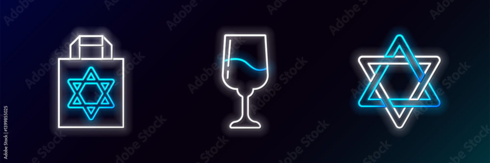 Set line Star of David, Shopping bag with star david and Jewish goblet icon. Glowing neon. Vector Set line Star of David, Shopping bag with star david and Jewish goblet icon. Glowing neon. Vector