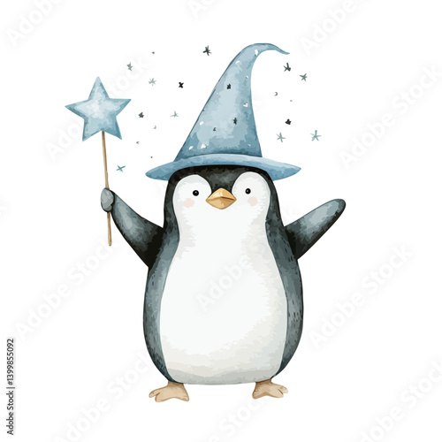 Magical Penguin: An adorable penguin, adorned with a wizard's hat and a star wand, conjures enchantment. Sparkling stardust dances around the penguin, adding to the whimsical charm. 