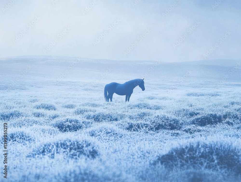 Solitary Horse Standing in a Snowy Field on a Misty Morning Serene Landscape with a Calm Blue Tone and a Dreamy Atmosphere Capturing the Beauty of Nature Solitary Horse Standing in a Snowy Field on a Misty Morning Serene Landscape with a Calm Blue Tone and a Dreamy Atmosphere Capturing the Beauty of Nature