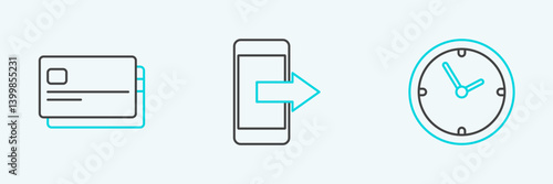 Set line Clock, Credit card and Smartphone, mobile phone icon. Vector