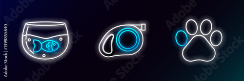 Set line Paw print, Aquarium with fish and Retractable cord leash carabiner icon. Glowing neon. Vector