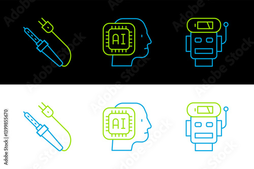 Set line Robot low battery charge, Soldering iron and Humanoid robot icon. Vector