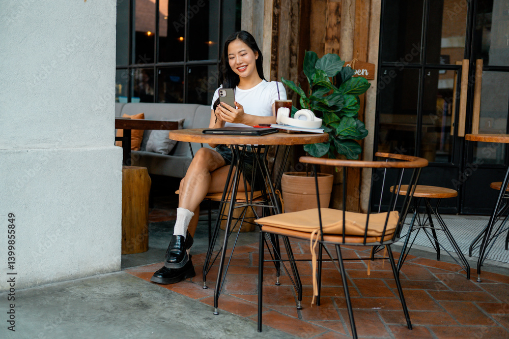 Young Asian Freelancer Woman Using Smartphone at Outdoor Cafe Young Asian Freelancer Woman Using Smartphone at Outdoor Cafe