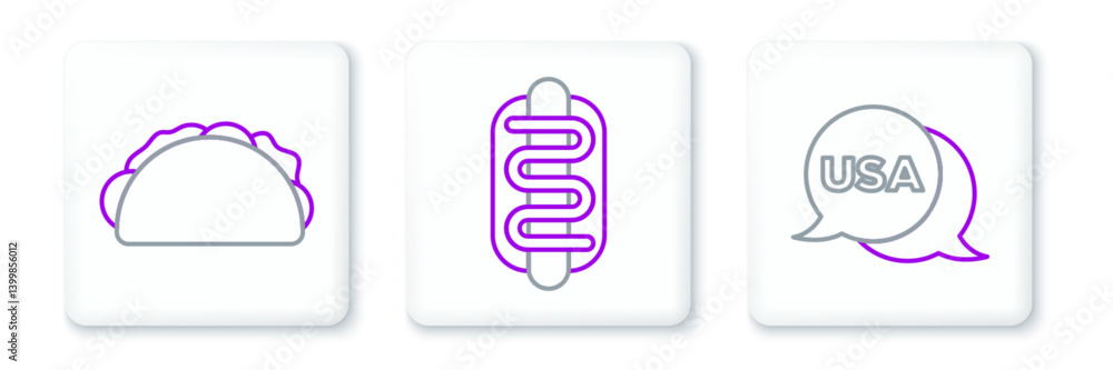 Set line USA Independence day, Taco with tortilla and Hotdog sandwich icon. Vector Set line USA Independence day, Taco with tortilla and Hotdog sandwich icon. Vector