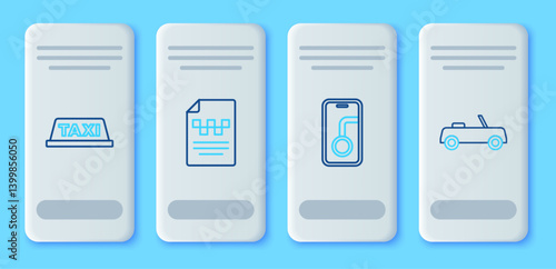 Set line Taxi driver license, City map navigation, car roof and Car icon. Vector