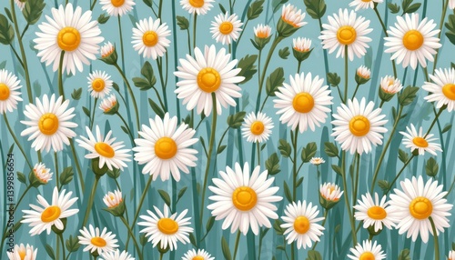 A lively array of daisies with bright yellow centers and white petals dances against a soothing blue background. This delightful floral scene radiates joy and freshness, inviting viewers to bask in
